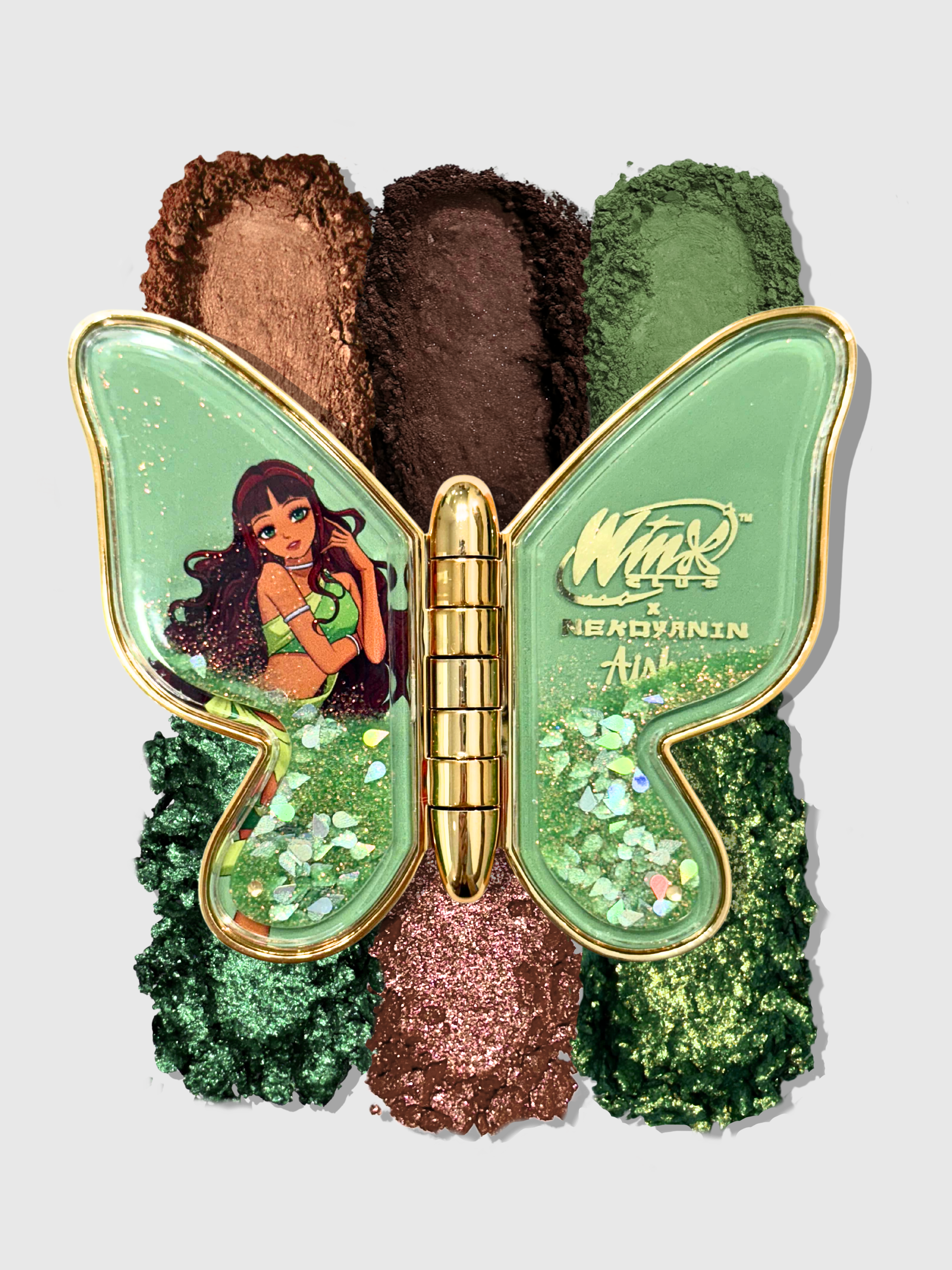 Nekoyanin x Winx Club makeup palette featuring colorful eyeshadows and blushes in a vibrant, themed compact.