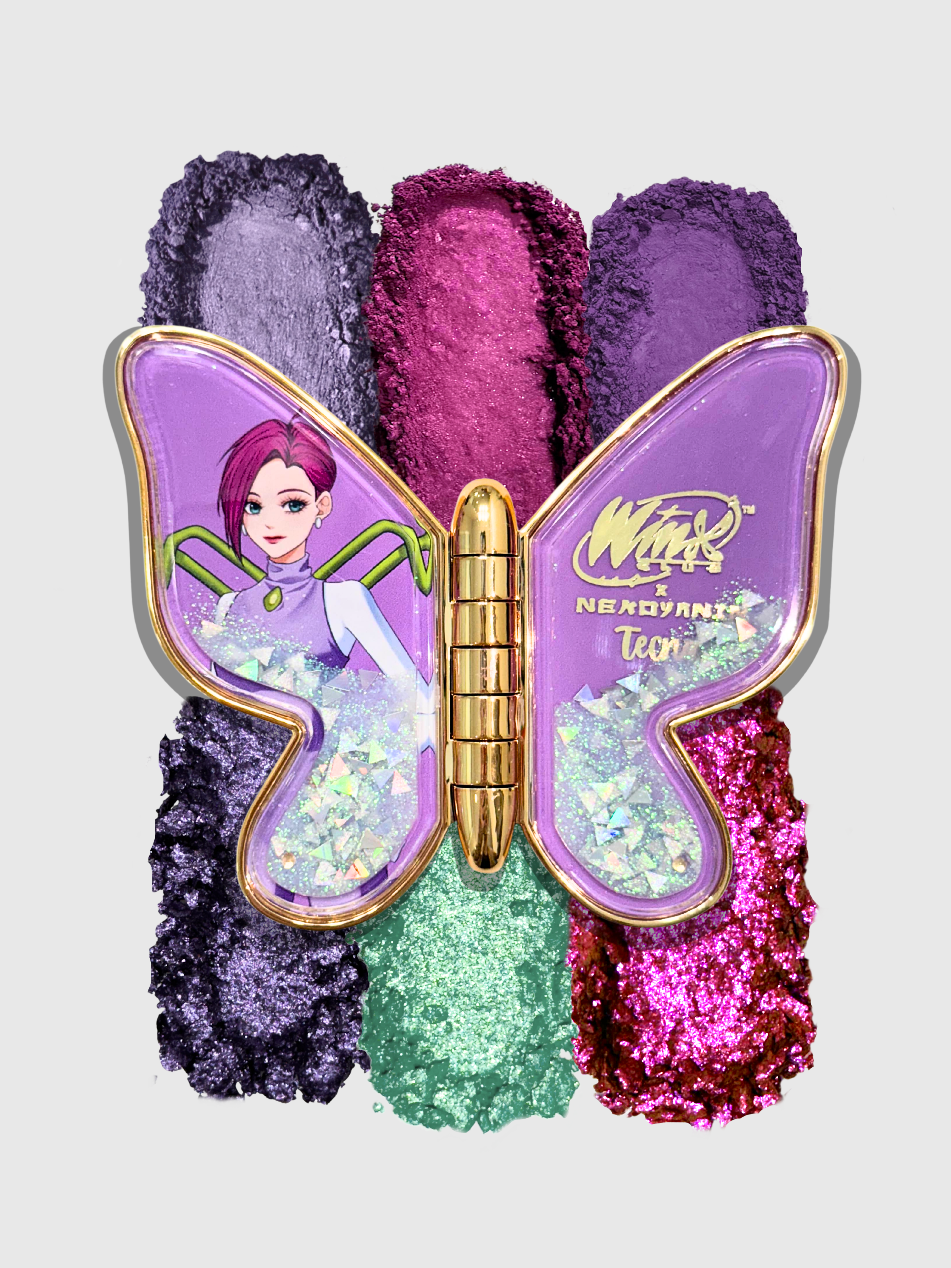 Nekoyanin x Winx Club makeup palette with colorful eyeshadows and blush, featuring themed packaging and compact design.
