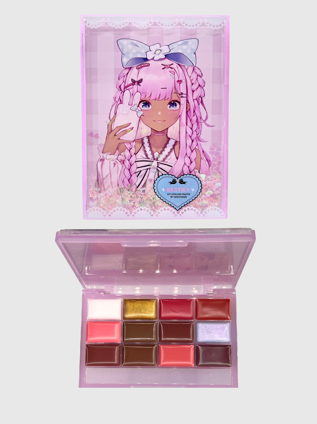 Nekoyanin Bestie Lipgloss Palette featuring pink shades, with multiple glosses in sleek packaging for a colorful, glossy look.