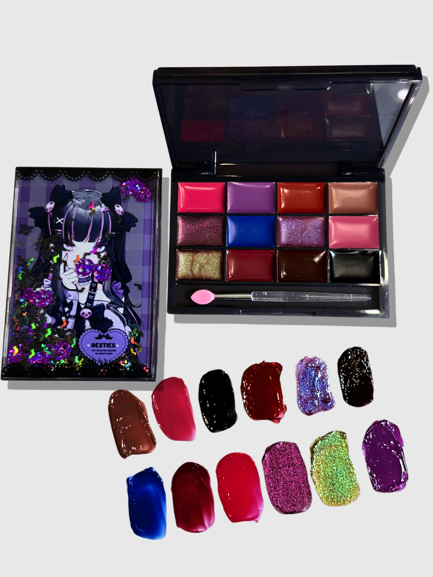 Nekoyanin Bestie Lipgloss Palette with pink shades, featuring multiple glosses in a compact, colorful makeup palette.