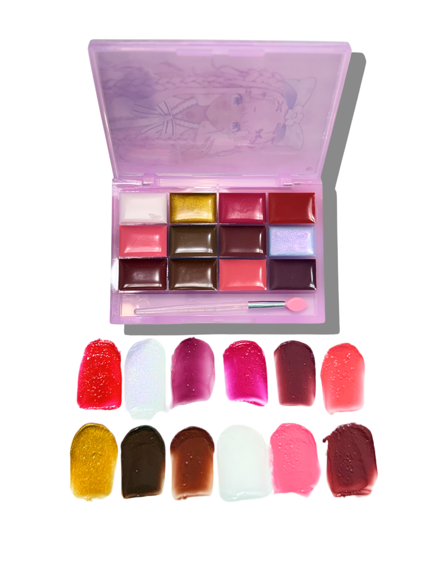 Nekoyanin Bestie Lipgloss Palette featuring pink shades with glossy finishes and a compact, colorful design.