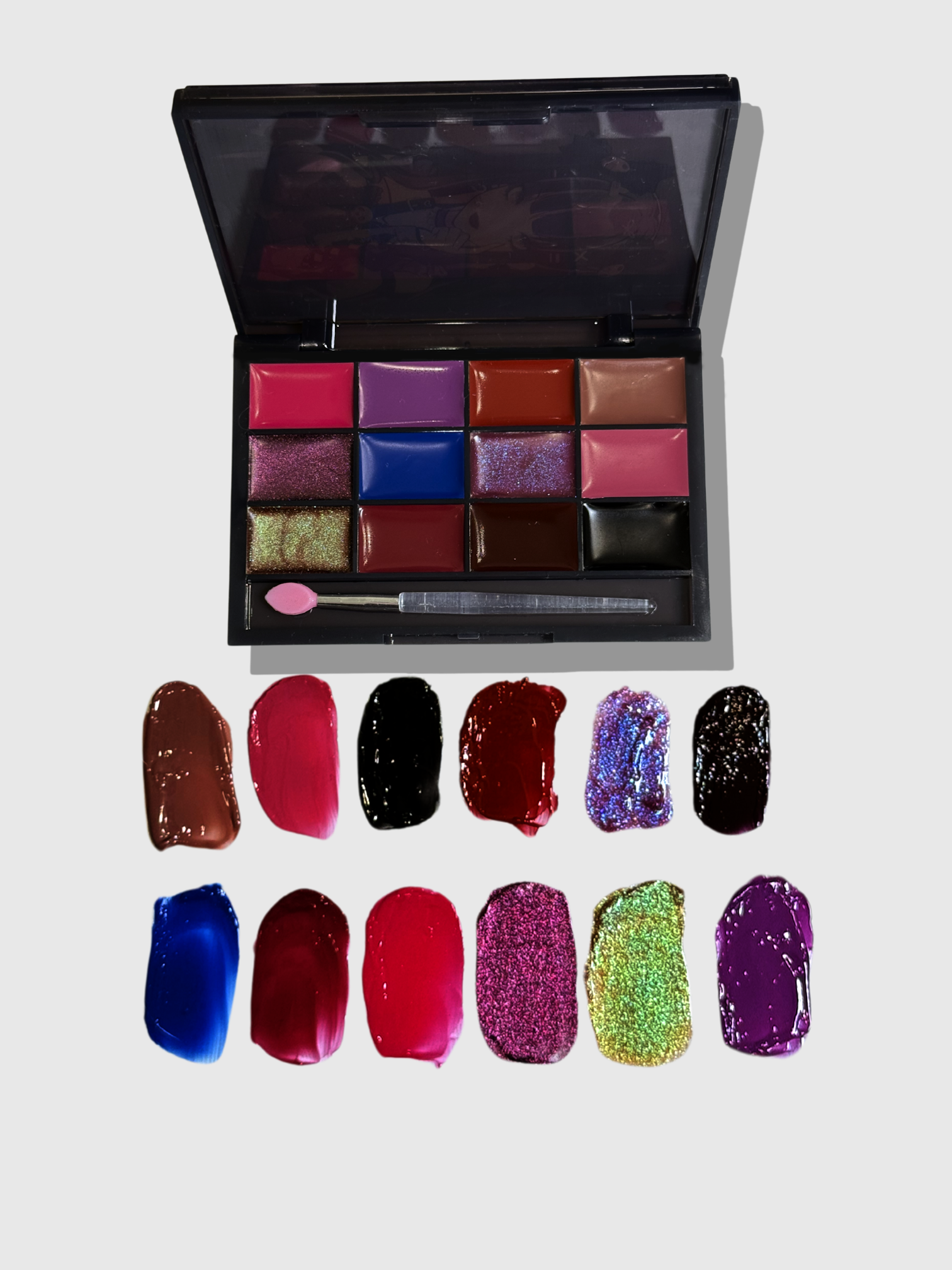 Nekoyanin Bestie Lipgloss Palette featuring six pink and neutral shades in a sleek compact for glossy, vibrant lips.