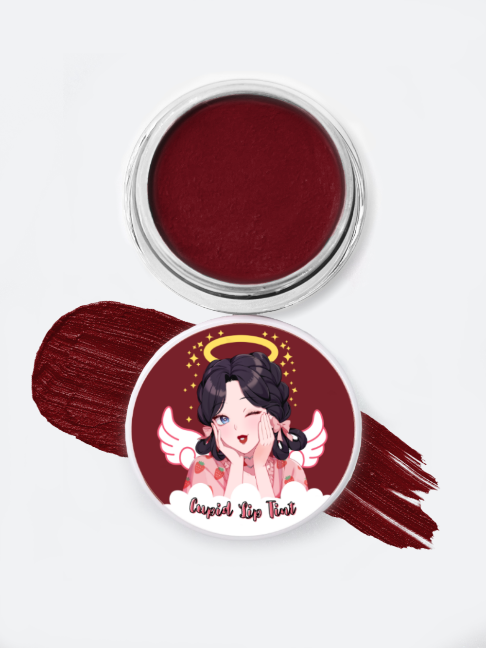 Nekoyanin Cupid Lip Mud in a jar with pink and red packaging, showcasing a playful and vibrant lip product design.