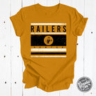 Youth short sleeve crewneck tee with yellow stripes and Railerman graphic on antique gold fabric by The Graphic Tee.