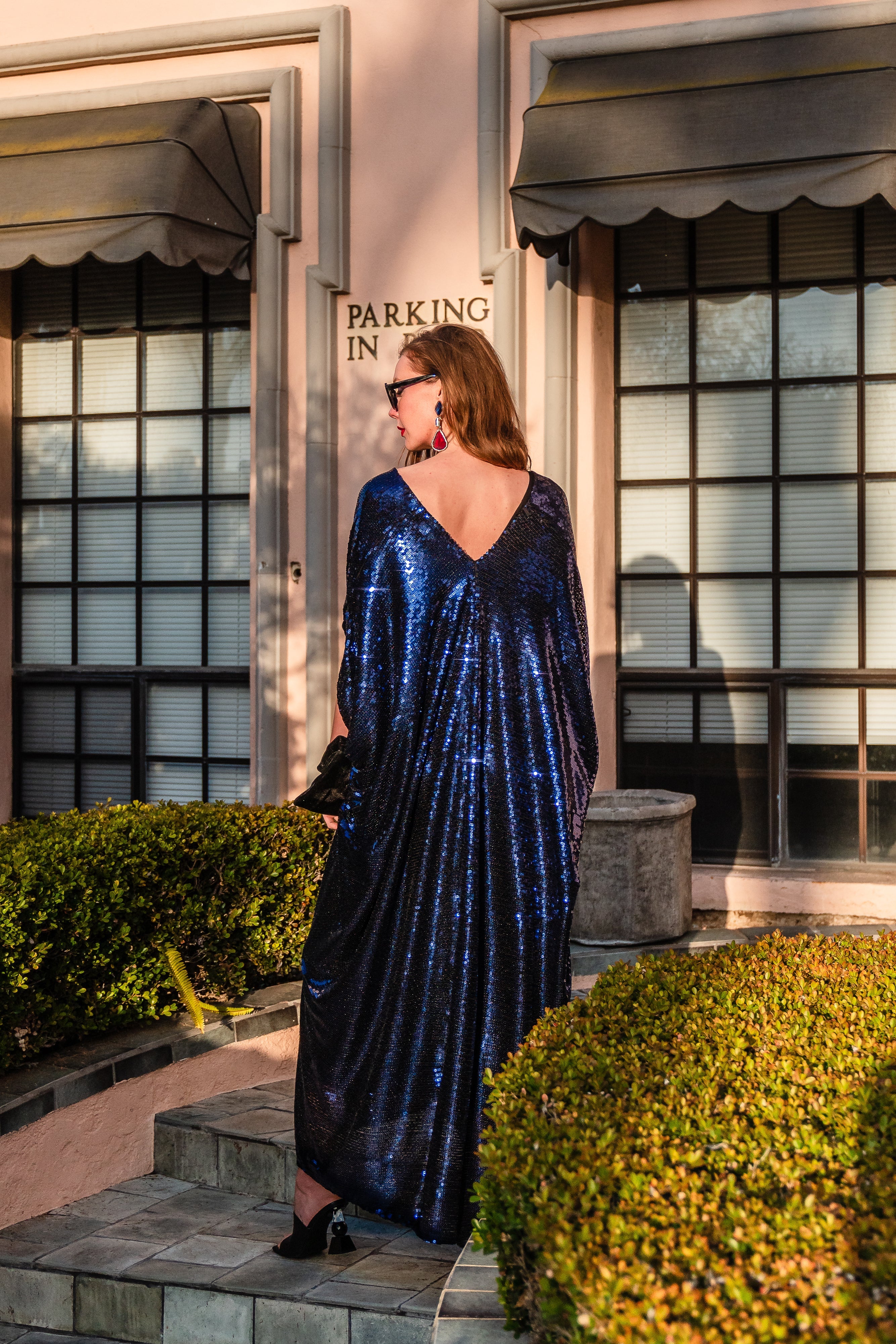 Night sapphire sequin caftan dress by Jennafer Grace, flowing handmade kaftan with shimmering sequins and relaxed fit.