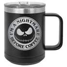 Nightmare Before Coffee 15 oz Polar Camel mug with sliding lid, featuring spooky design, from Anchored Grace Boutique.