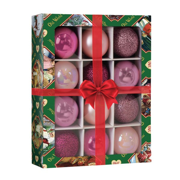Set of 12 Old World Christmas Posh Pink Balls ornaments, 1.5-inch glass decorative holiday ornaments with a shiny pink finish.