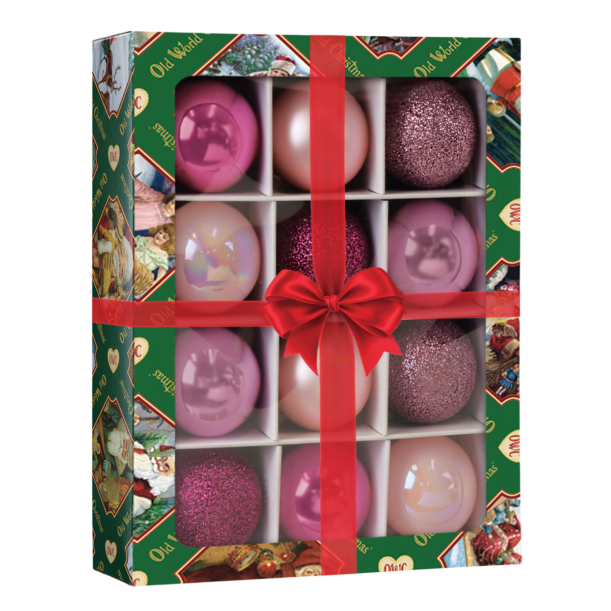 Set of 12 Old World Christmas 1.5-inch Posh Pink Balls ornaments with shiny pink finish for holiday decorating.