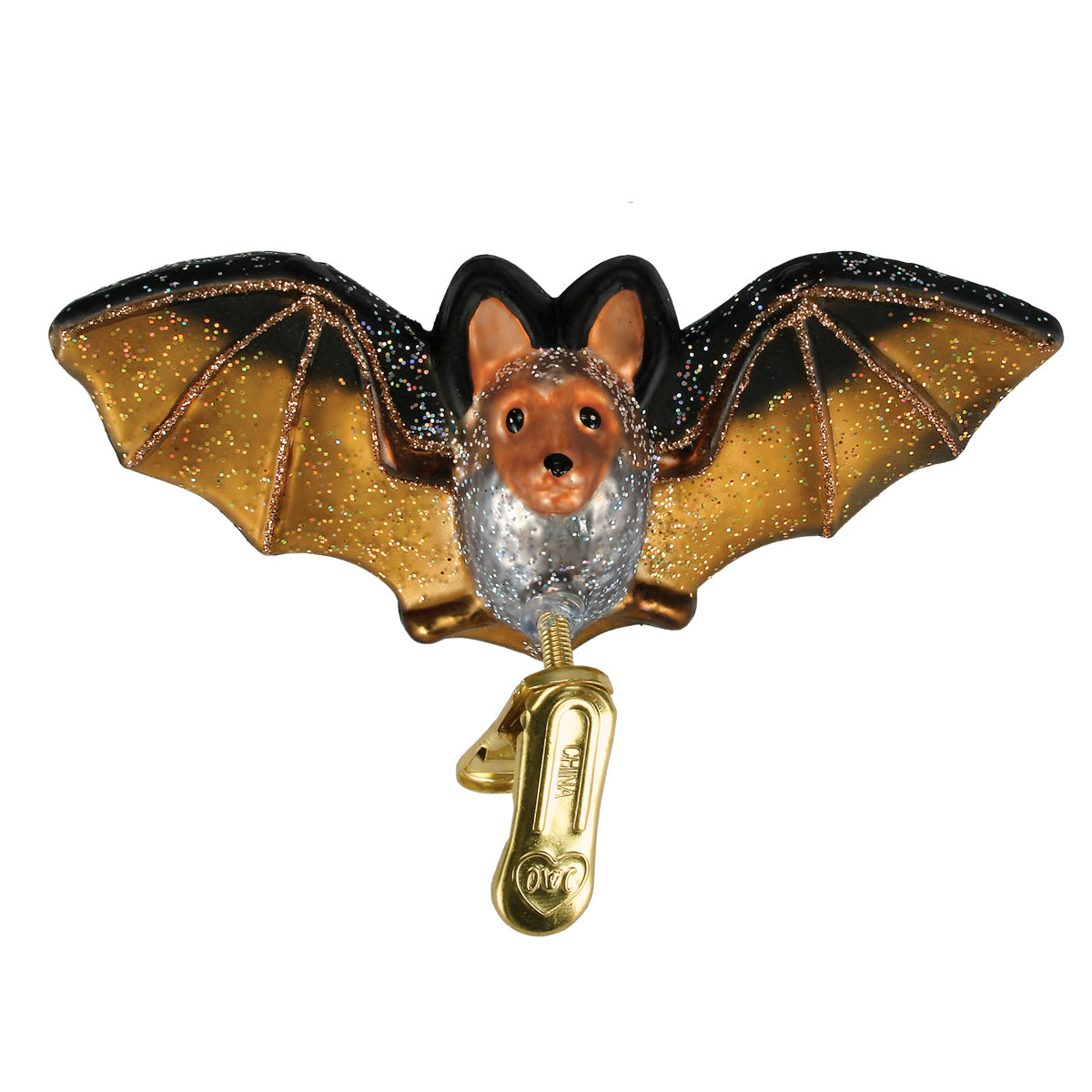 Clip-on Bat Ornament by Old World Christmas, featuring a detailed black bat with wings spread, designed to hang on Christmas trees.