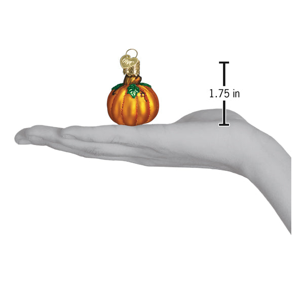 Old World Christmas small pumpkin ornament with orange and green glass, detailed fall-themed decoration on a white background.