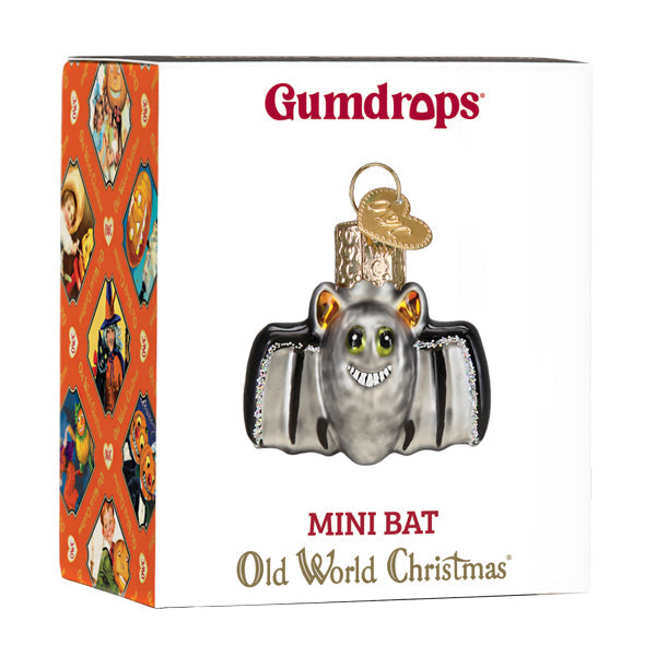 Mini Bat Ornament from Old World Christmas featuring a detailed black bat with realistic wings and festive holiday design