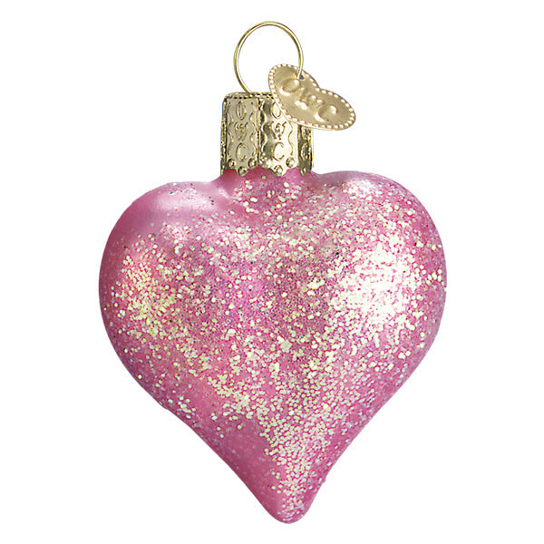 Pink glittered heart ornament by Old World Christmas featuring a sparkling heart with a shiny pink finish.