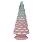 Pink glass tabletop Christmas tree, 14-inch lit decorative ornament by Old World Christmas on a clear display.
