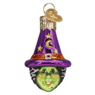 Mini Witch Head Ornament by Old World Christmas, detailed witch face with pointed hat, perfect for Halloween decor.