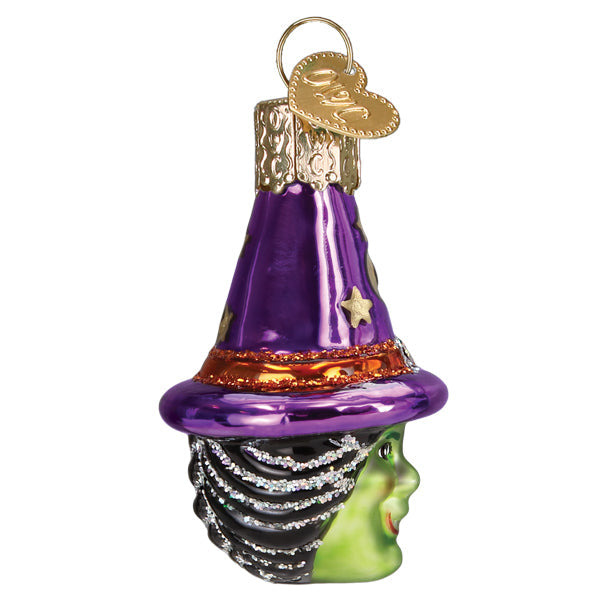 Mini Witch Head Ornament from Old World Christmas featuring a detailed, spooky witch face with pointed hat and vibrant colors.
