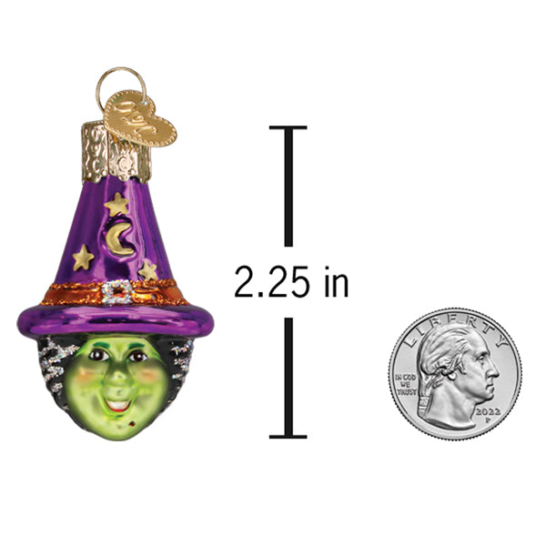Mini Witch Head Ornament from Old World Christmas featuring a detailed, carved witch's head with a pointed hat and spooky expression.