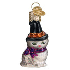 Mini Witch Cat ornament by Old World Christmas, featuring a small black cat with a witch hat and broom, festive holiday decor.