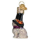 Mini Witch Cat ornament by Old World Christmas featuring a small black cat with a witch hat and broomstick, perfect for holiday decor.