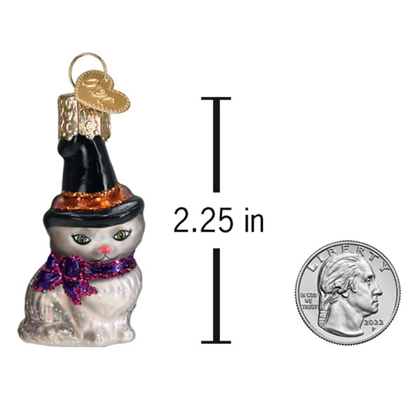 Mini Witch Cat ornament by Old World Christmas featuring a black cat with a broomstick and witch hat, perfect for holiday decor.