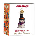 Mini Witch Cat ornament by Old World Christmas featuring a detailed black cat with a witch hat for holiday decoration.