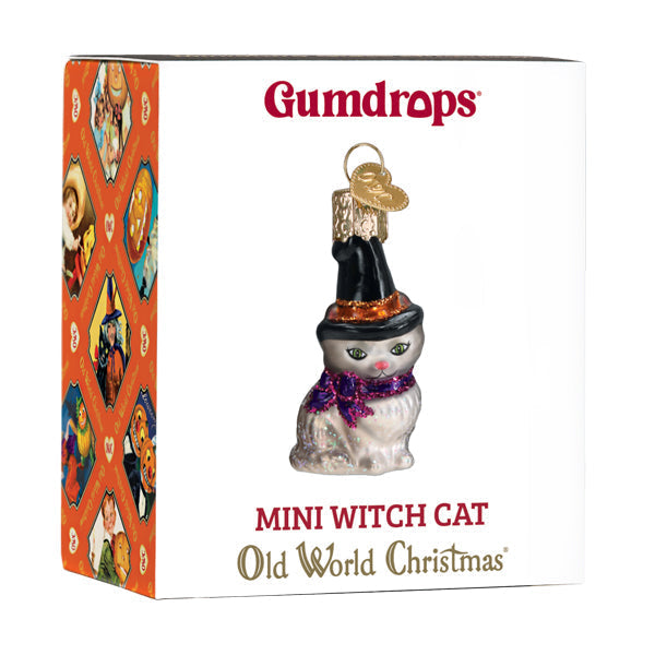 Mini Witch Cat ornament by Old World Christmas featuring a detailed black cat with a witch hat for holiday decoration.