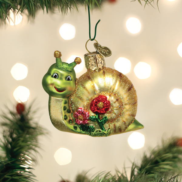 Colorful Smiley Snail ornament by Old World Christmas featuring a cheerful snail with vibrant details and a festive design.