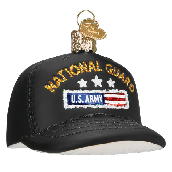 Old World Christmas National Guard Cap ornament featuring a detailed miniature military cap for holiday decor.