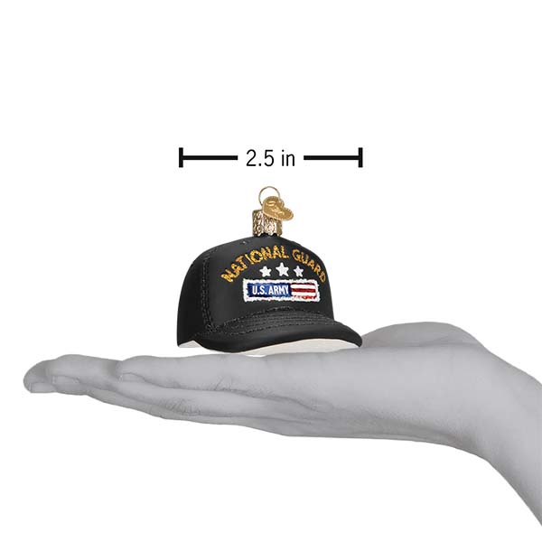 Old World Christmas National Guard Cap ornament featuring a detailed miniature military cap with patriotic design.