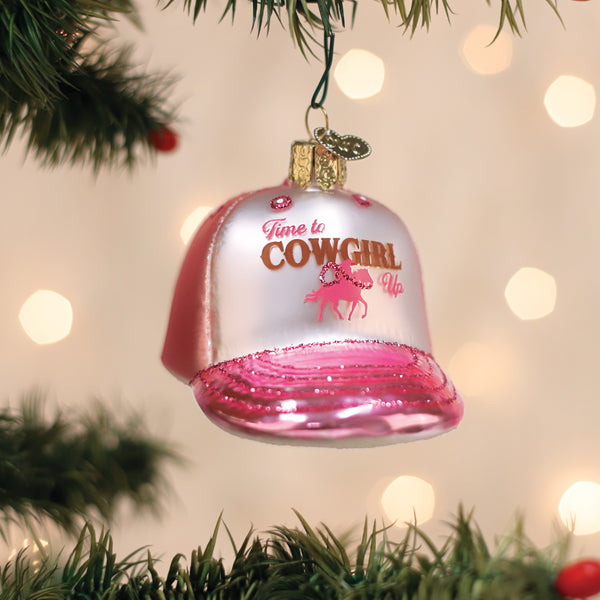 Cowgirl Trucker Cap ornament by Old World Christmas, detailed cowboy hat with embroidered design, perfect for festive decor.