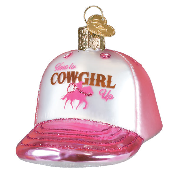 Cowgirl trucker cap ornament by Old World Christmas featuring a detailed cowboy hat design with decorative elements.