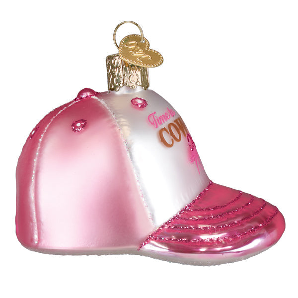 Cowgirl Trucker Cap ornament by Old World Christmas featuring a detailed cowboy hat design with decorative embellishments.