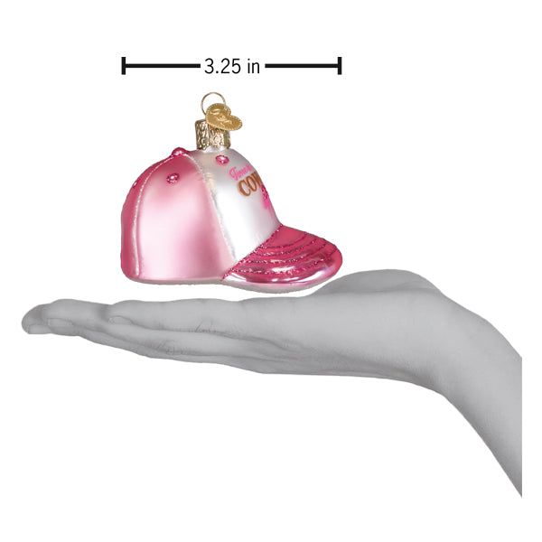 Cowgirl Trucker Cap ornament by Old World Christmas featuring a detailed cowboy hat design with a festive holiday style