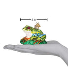 Red-eyed Tree Frog ornament by Old World Christmas featuring vibrant green body and striking red eyes on a detailed decorative piece.