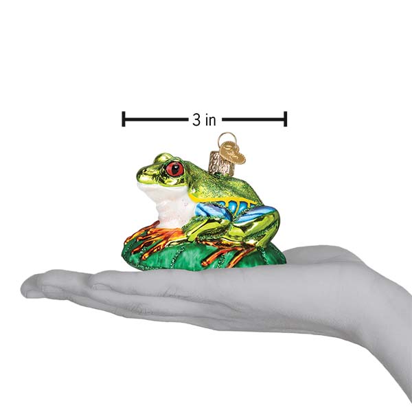 Red-eyed Tree Frog ornament by Old World Christmas featuring vibrant green body and striking red eyes on a detailed decorative piece.