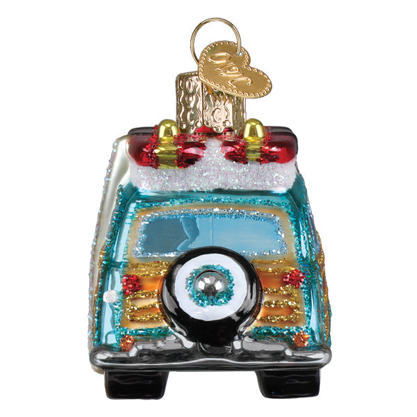 Old World Christmas Surfin' Woody ornament featuring The Beach Boys design with a vintage surfboard and nautical details.