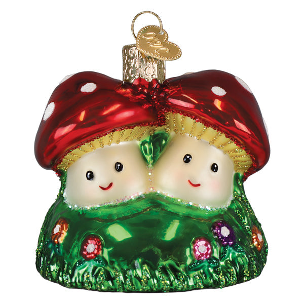 Colorful Happy Mushrooms ornament from Old World Christmas featuring vibrant mushroom shapes and festive holiday details.