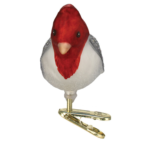 Red-crested Cardinal ornament by Old World Christmas, detailed glass bird with vibrant red crest and colorful feathers.