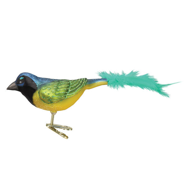 Green Jay ornament from Old World Christmas featuring a detailed, colorful bird with vibrant green feathers and decorative accents.
