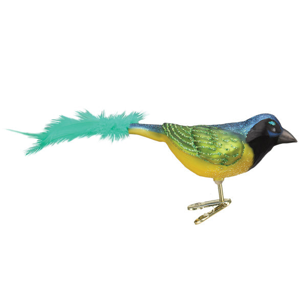 Green Jay ornament from Old World Christmas featuring a detailed, vibrant bird with green feathers and intricate branch design.