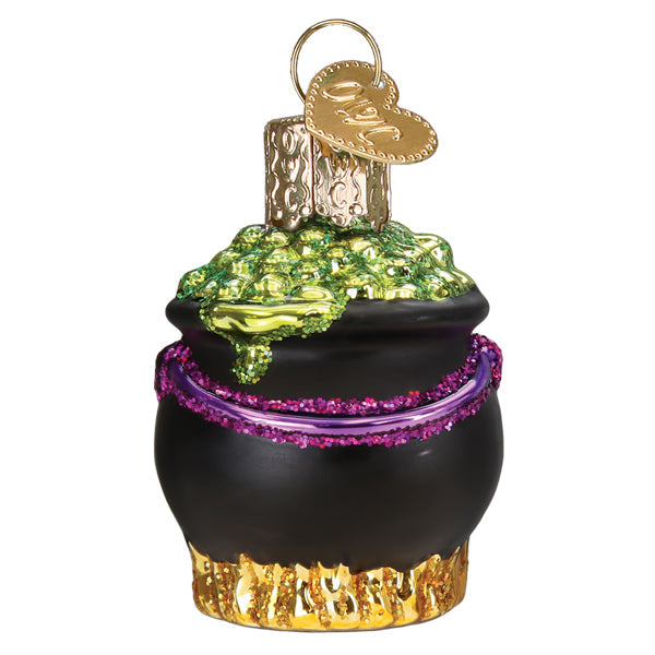 Old World Christmas Mini Halloween Cauldron Ornament, detailed ceramic black cauldron with Halloween design, perfect for holiday decor