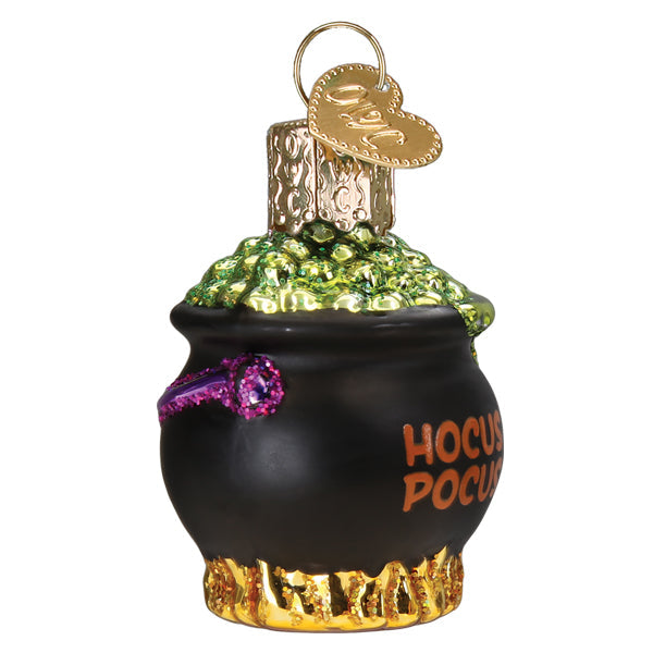 Mini Halloween cauldron ornament by Old World Christmas, detailed black and orange festive decor for holiday celebrations.