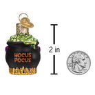 Mini Halloween Cauldron Ornament by Old World Christmas, detailed black and orange cauldron with Halloween decorations.