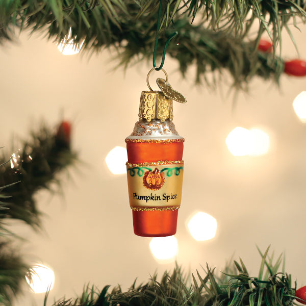 Mini Pumpkin Spice Latte ornament from Old World Christmas featuring a detailed pumpkin spice latte design and festive holiday accents.