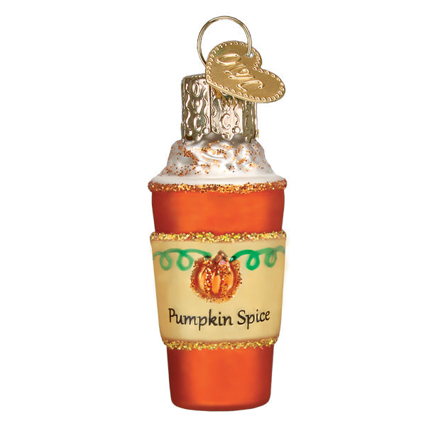 Mini Pumpkin Spice Latte ornament by Old World Christmas featuring a miniature pumpkin spice latte in a festive cup.