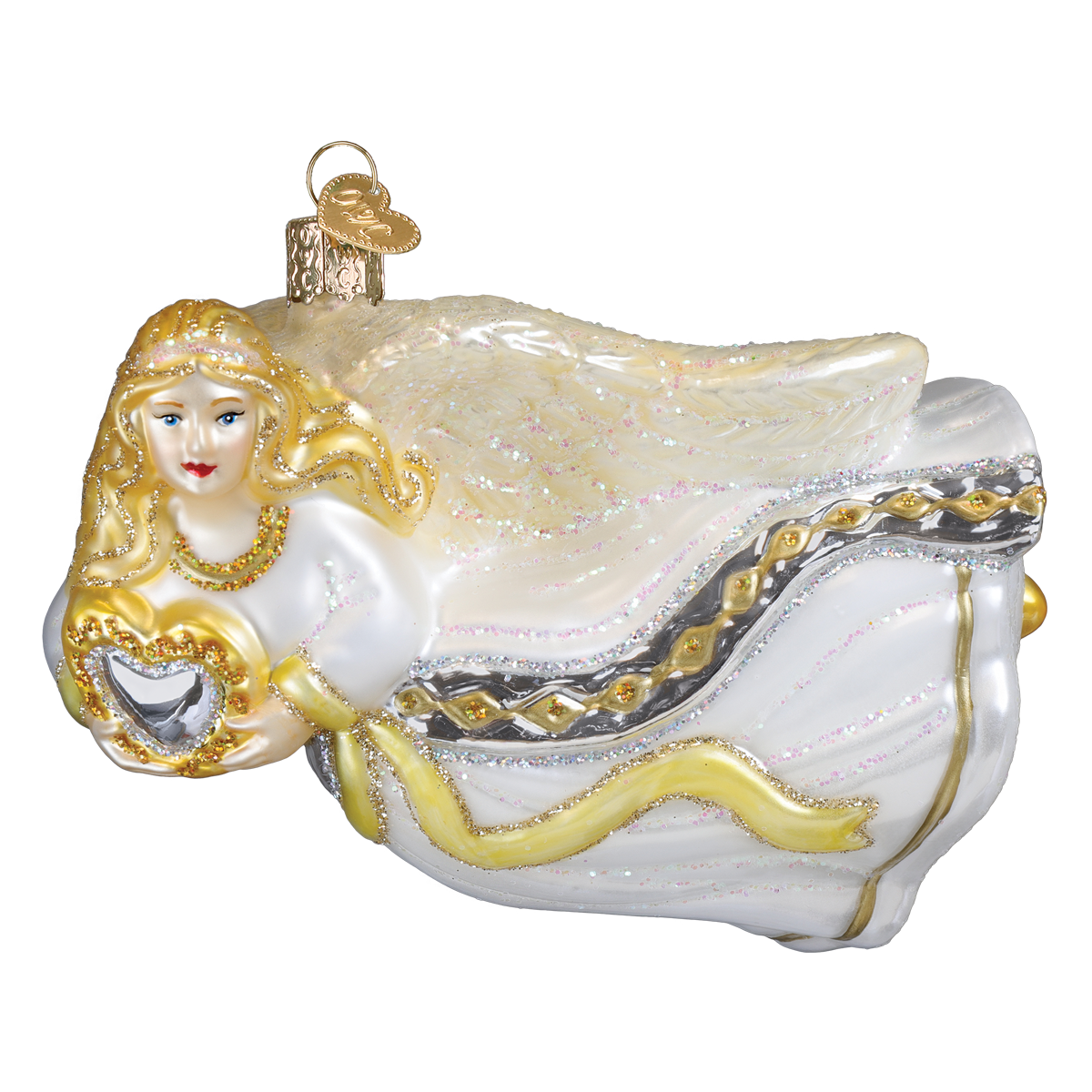 Old World Christmas angel with heart ornament featuring detailed angel figure holding a heart-shaped design.