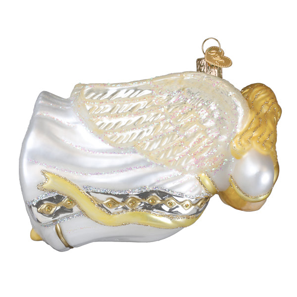 Old World Christmas angel with heart ornament featuring a detailed angel figure holding a heart, perfect for holiday decor.