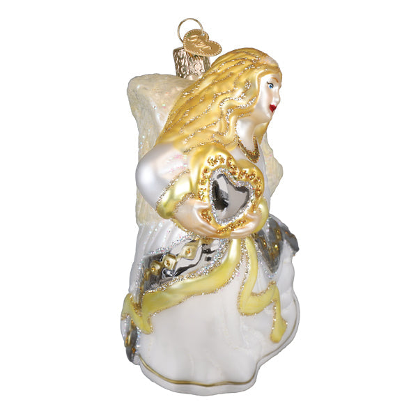 Old World Christmas Angel with Heart ornament featuring a detailed angel figure holding a heart, perfect for holiday decorating.