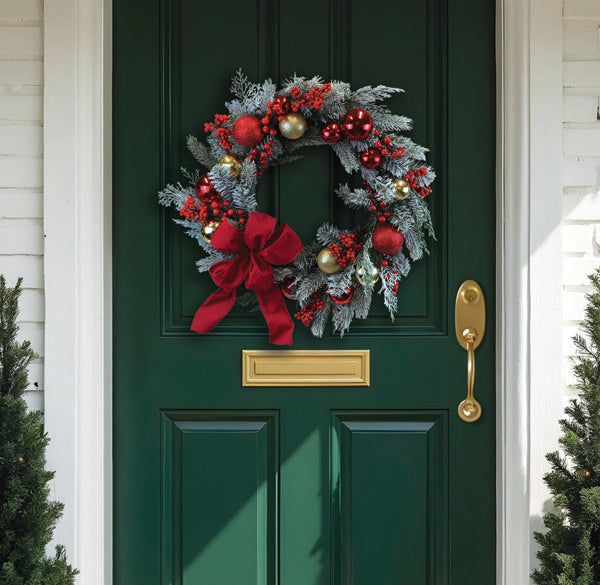 Old World Christmas 24-inch Holiday Splendor Red and Gold Aspen Wreath with festive red and gold accents and pinecones.
