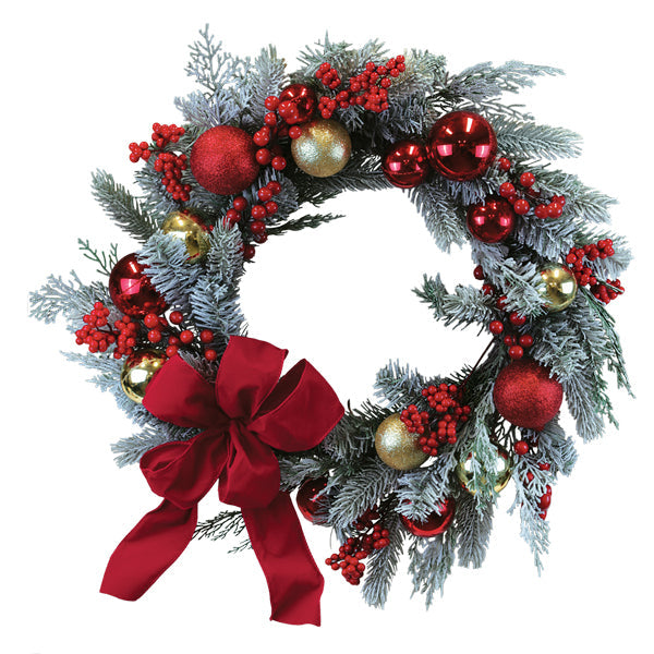 Red and gold Aspen wreath with holiday decorations, 24-inch Christmas wreath from Old World Christmas.