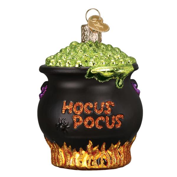 Old World Christmas Halloween Cauldron Ornament, detailed black and orange cauldron with spooky design for holiday decor